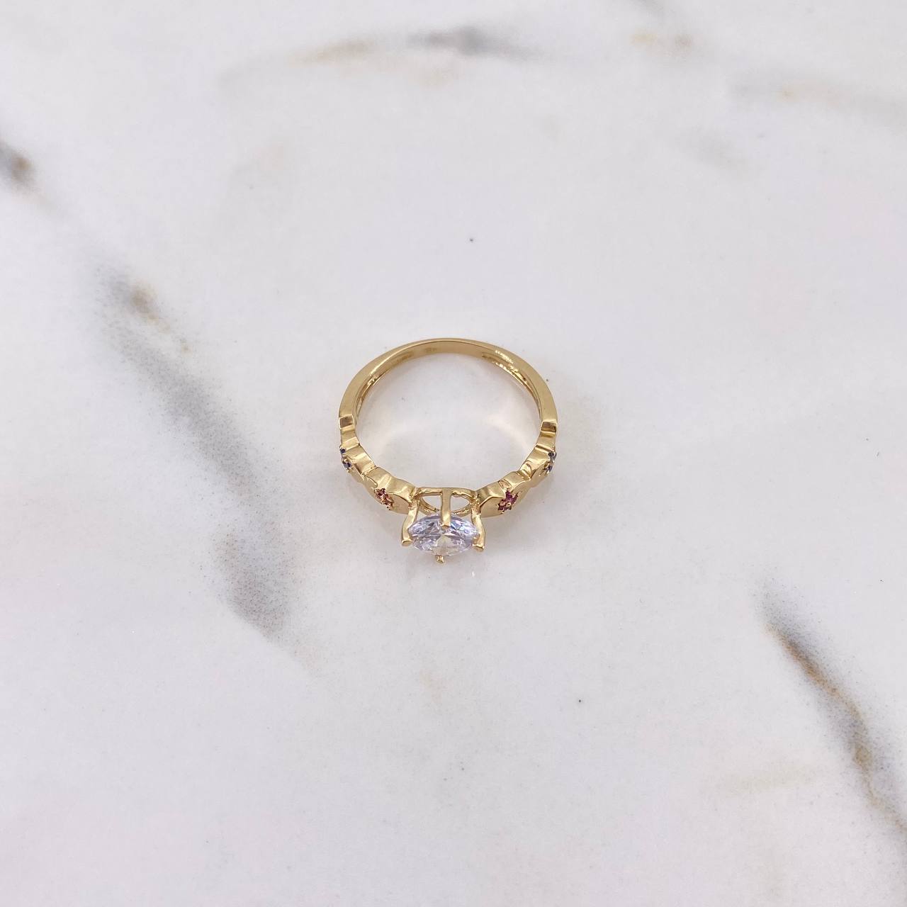 Ring Solitaire X 2.6gr / Size 5 3/4 / Blue Fuchsia White Zircons 18K Yellow Gold $