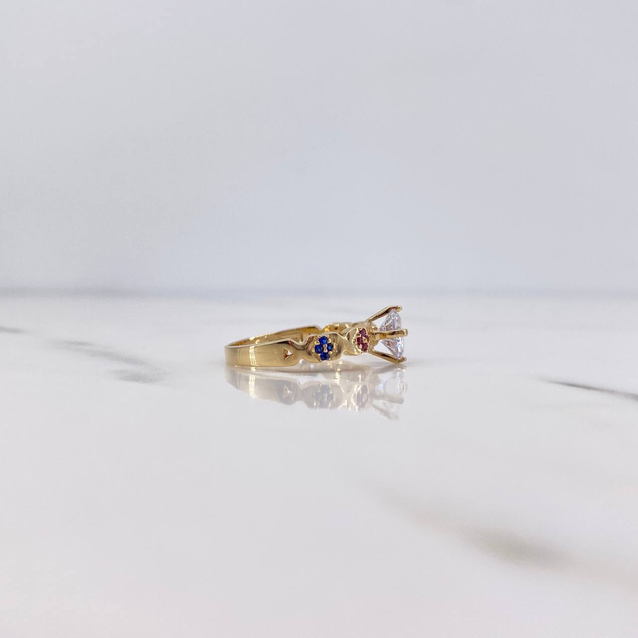 Ring Solitaire X 2.6gr / Size 5 3/4 / Blue Fuchsia White Zircons 18K Yellow Gold $
