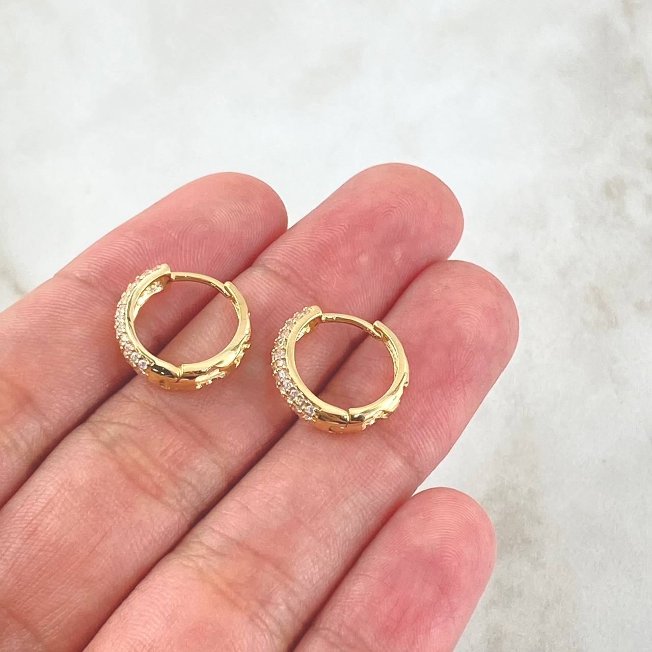 Hoop Earrings Hollow Flowers 2.65gr / 1.3cm / White Zircons 18K Yellow Gold
