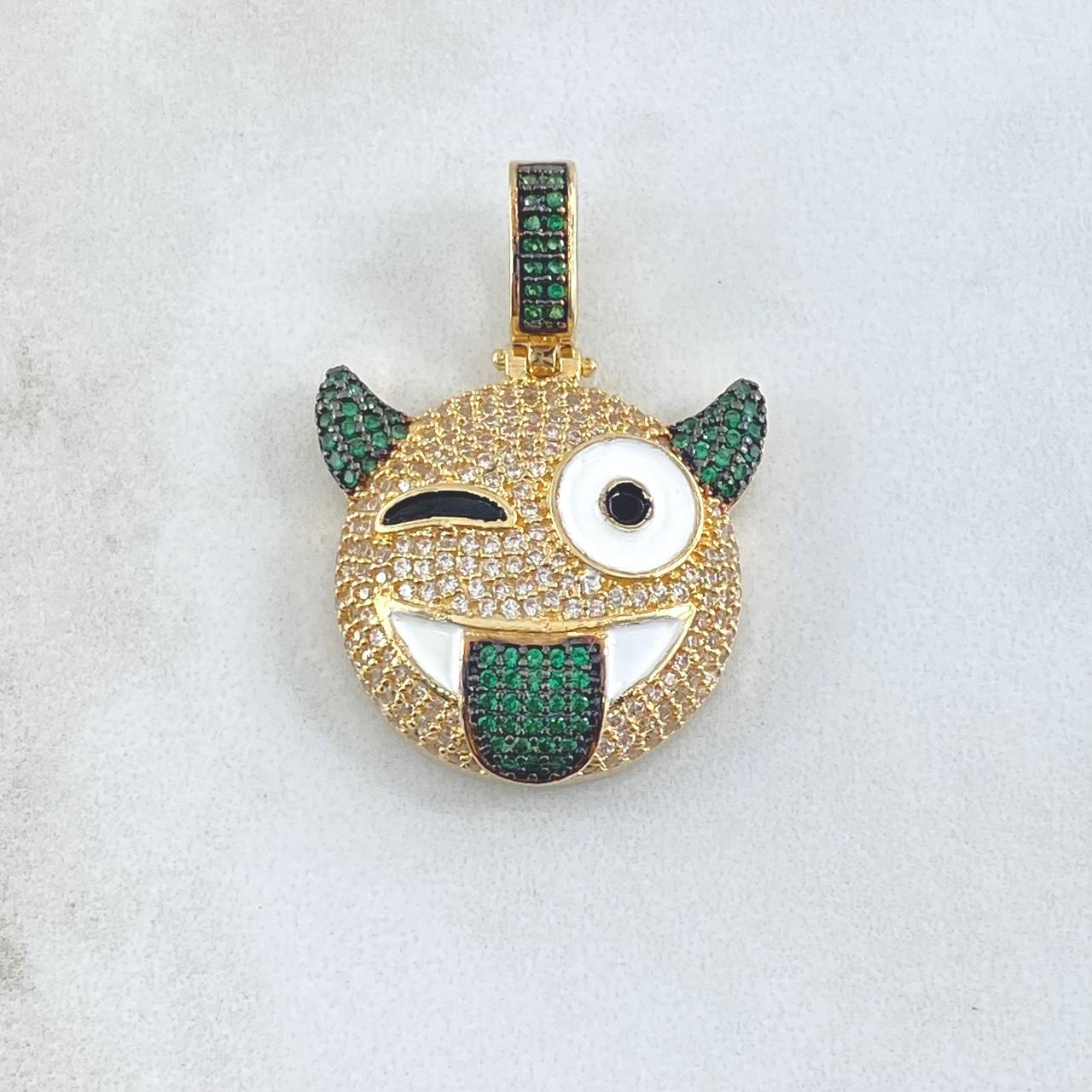 Pendant Emoji Devil Tongue Out 7.95gr / 3.3cm / White Green Zircons 18K Yellow Gold ©