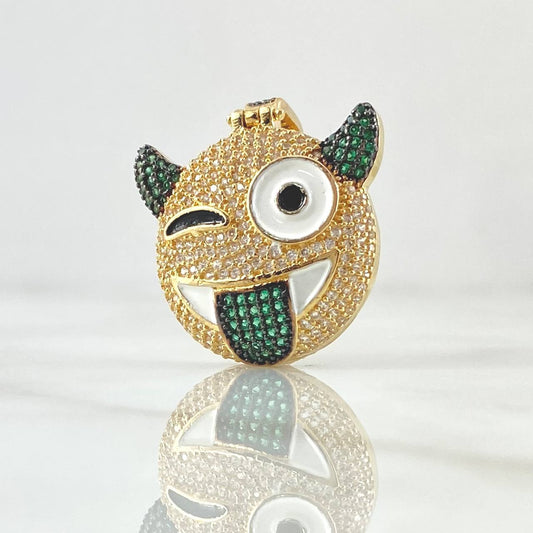 Pendant Emoji Devil Tongue Out 7.95gr / 3.3cm / White Green Zircons 18K Yellow Gold ©