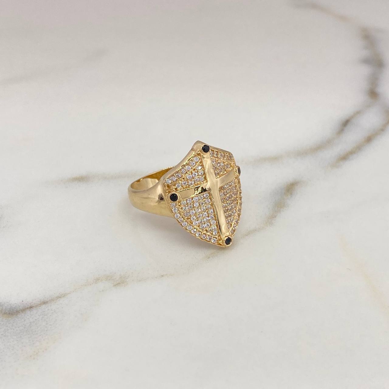 Shield Cross Ring 6.2gr / Size 9 / Black and White Zircons 18K Yellow Gold #