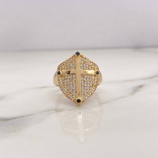Shield Cross Ring 6.2gr / Size 9 / Black and White Zircons 18K Yellow Gold #