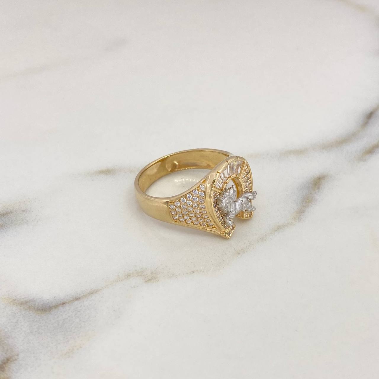 Horseshoe Ring Horse 6.4gr / Size 9 / White Zircons Two-tone Yellow and White Gold 18K #