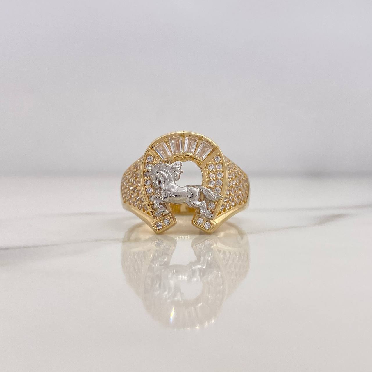 Horseshoe Ring Horse 6.4gr / Size 9 / White Zircons Two-tone Yellow and White Gold 18K #