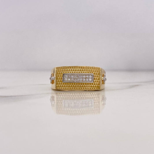 Rectangular Cross Ring 8.45gr / Size 10 3/4 / White Zircons Two-tone Yellow and White Gold 18K #