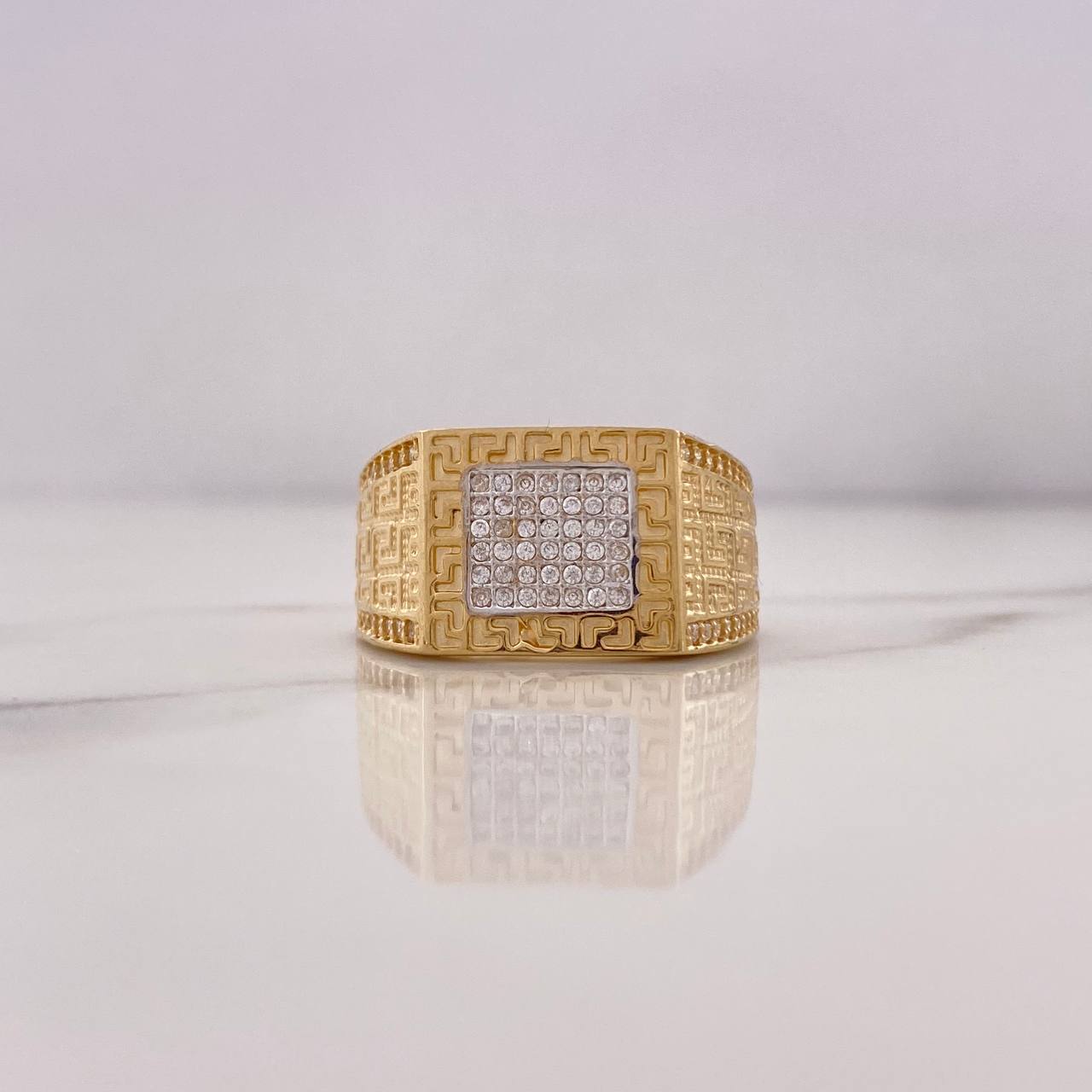 Square Tribal Ring 8.8gr / Size 10 1/2 / White Zircons Two-tone Yellow and White Gold 18K #