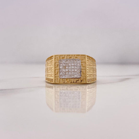 Square Tribal Ring 8.8gr / Size 10 1/2 / White Zircons Two-tone Yellow and White Gold 18K #