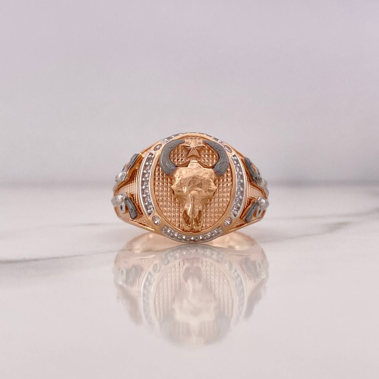 Buffalo Skull Ring 10.35gr / Size 10 3/4 / White Zircons Three 18K Golds #