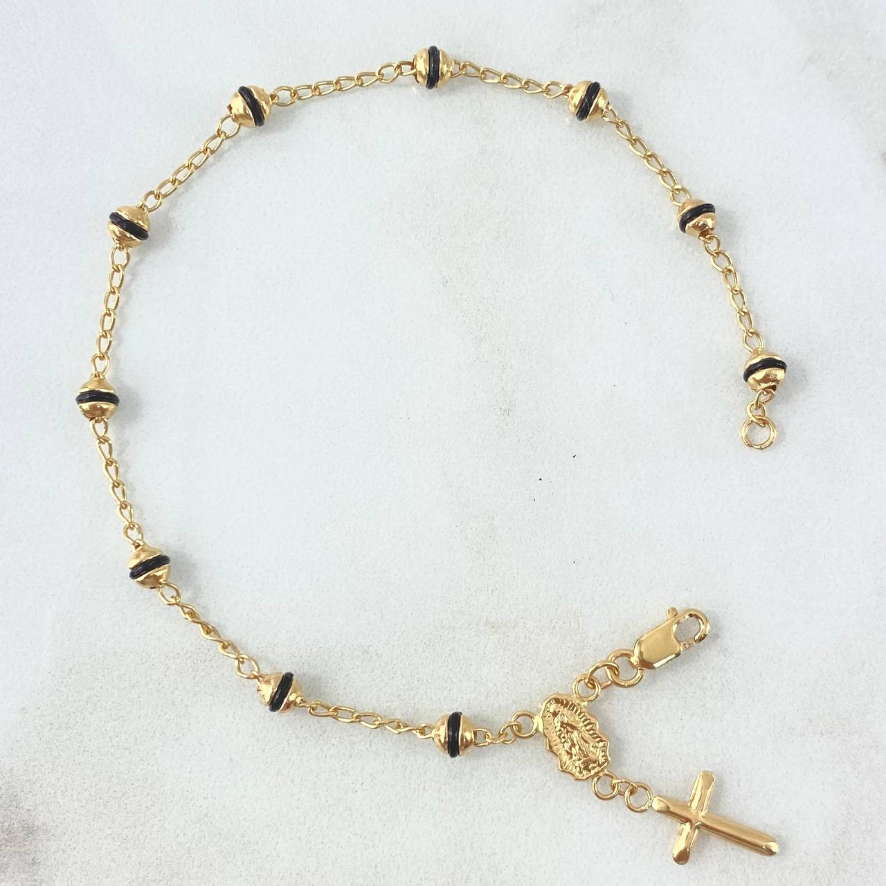 Bracelet Rustic Denarius Virgin Guadalupe 3.05gr / 19cm / 4mm Black Rubbers - Cross Polished 18K Yellow Gold