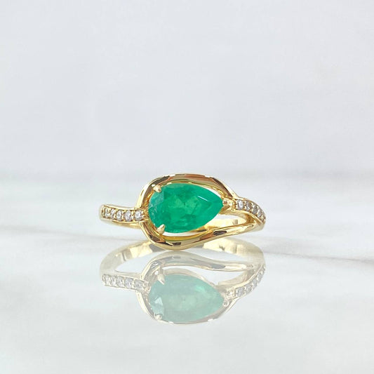 Horizontal Drop Soliario Ring 3.5gr / Size 7 / Emeralds 1.12cts - White Diamonds 0.09cts 18K Yellow Gold (Jewel)