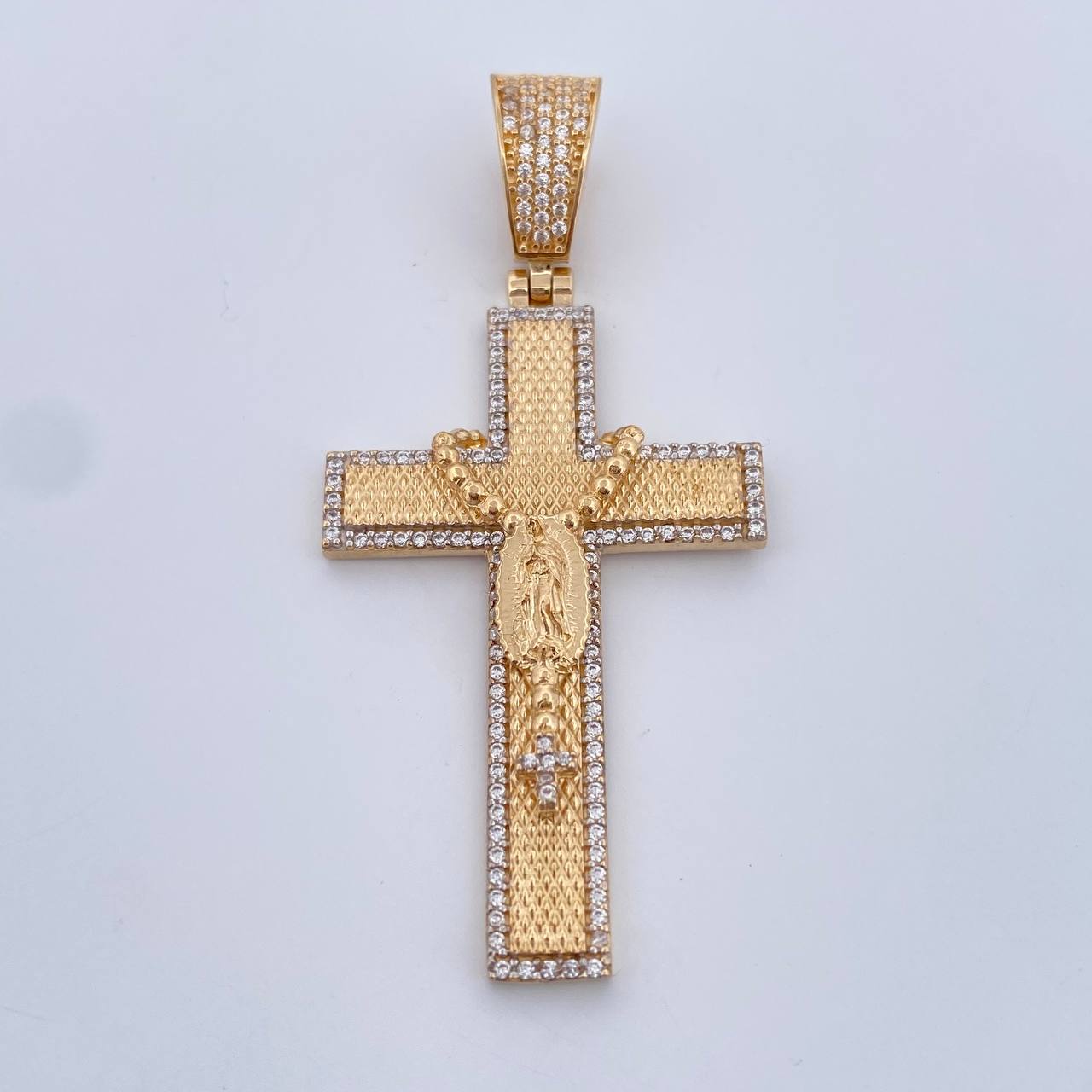 Dije Cruz Rosario Guadalupe 10gr / 5.8cm / Circones Blancos Oro Amarillo 18K $