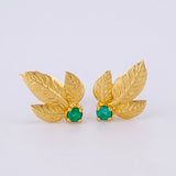 Stud Earrings Triple Leaf 2.3gr / 1.4cm / Emeralds 18pts - Lobster Claw Yellow Gold Butterfly (Jewel)