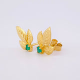 Stud Earrings Triple Leaf 2.3gr / 1.4cm / Emeralds 18pts - Lobster Claw Yellow Gold Butterfly (Jewel)
