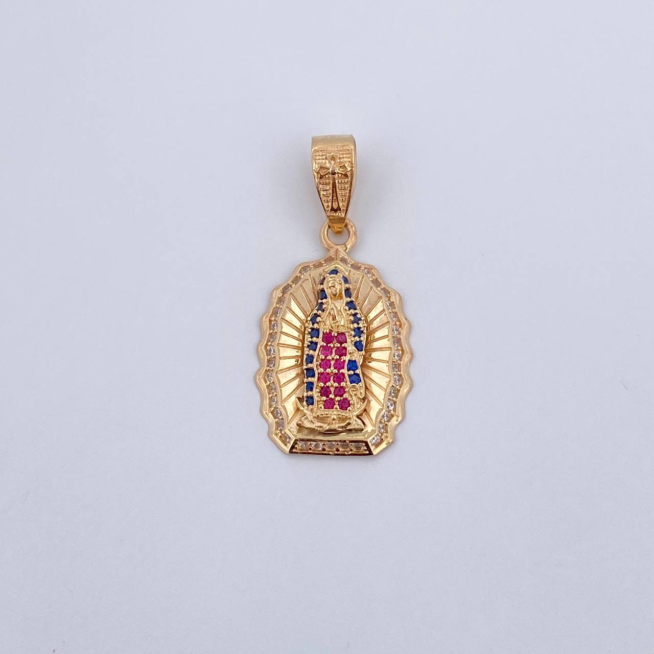Pendant Virgin Guadalupe 3.35gr / 3cm / Fuchsia Blue White Zircons 18K Yellow Gold &