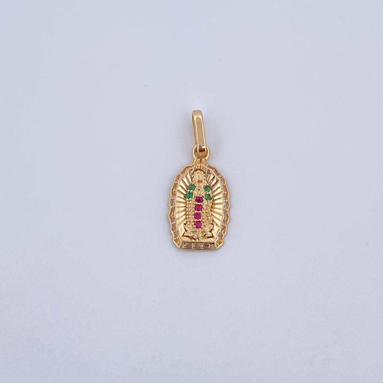 Pendant Virgin Guadalupe 1.2gr / 2.1cm / Fuchsia Green White Zircons 18K Yellow Gold &