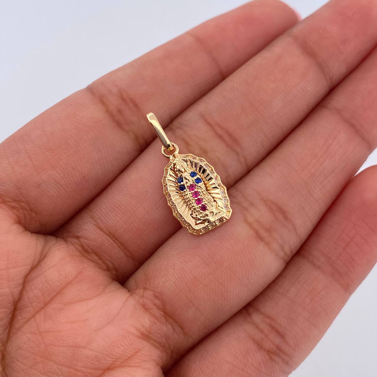 Pendant Virgin Guadalupe 1.2gr / 2.1cm / Fuchsia Blue White Zircons 18K Yellow Gold &