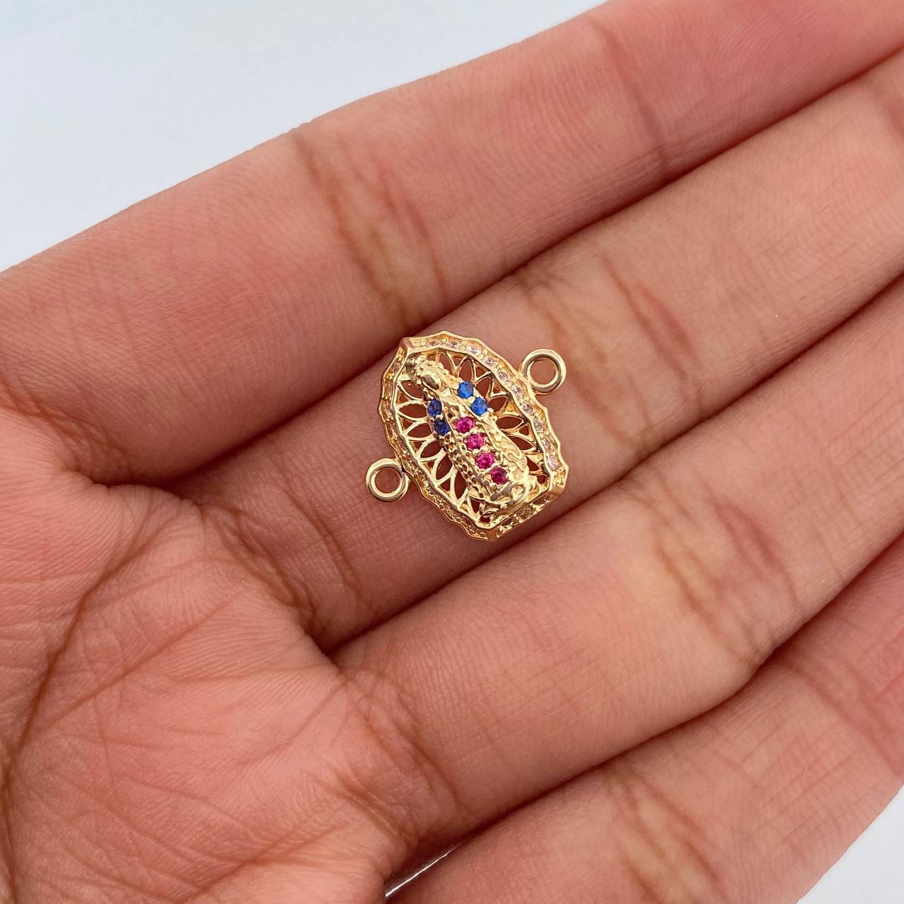 Charm Virgen Guadalupe 1.15gr / 1.4cm / Fuchsia Blue White Zircons 18K Yellow Gold &