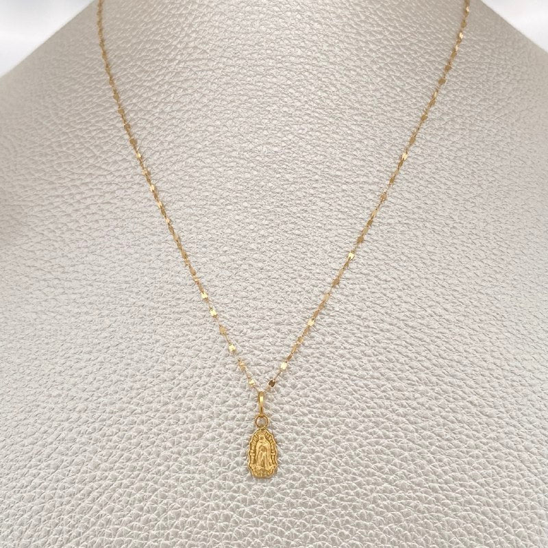 Set Cadena y Dije Flor Espejo + Silueta Virgen de Guadalupe 0,6gr / Oro Amarillo 18K &