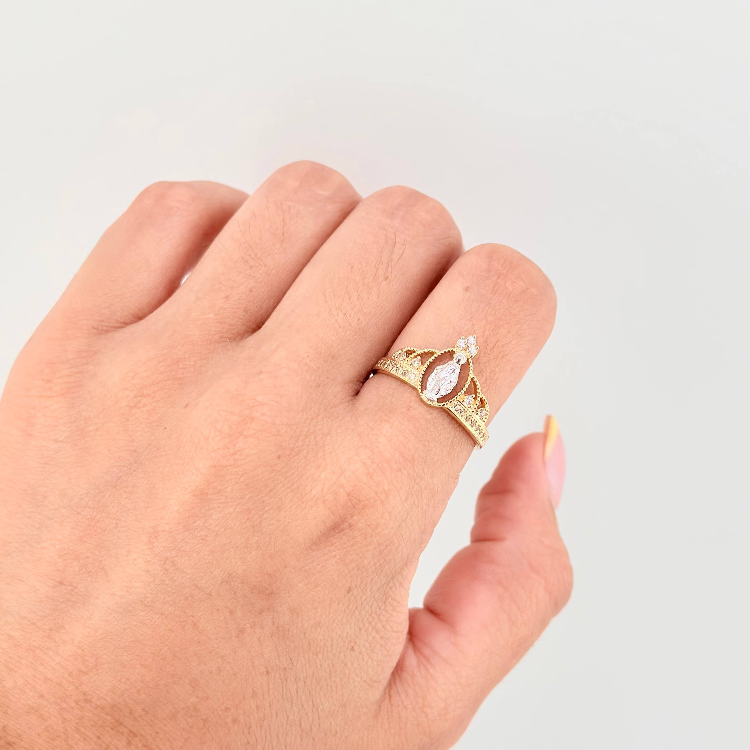 Anillo Virgen Milagrosa 2.75gr / T8 1/4 / Dos Oros Amarillo Blanco 18K