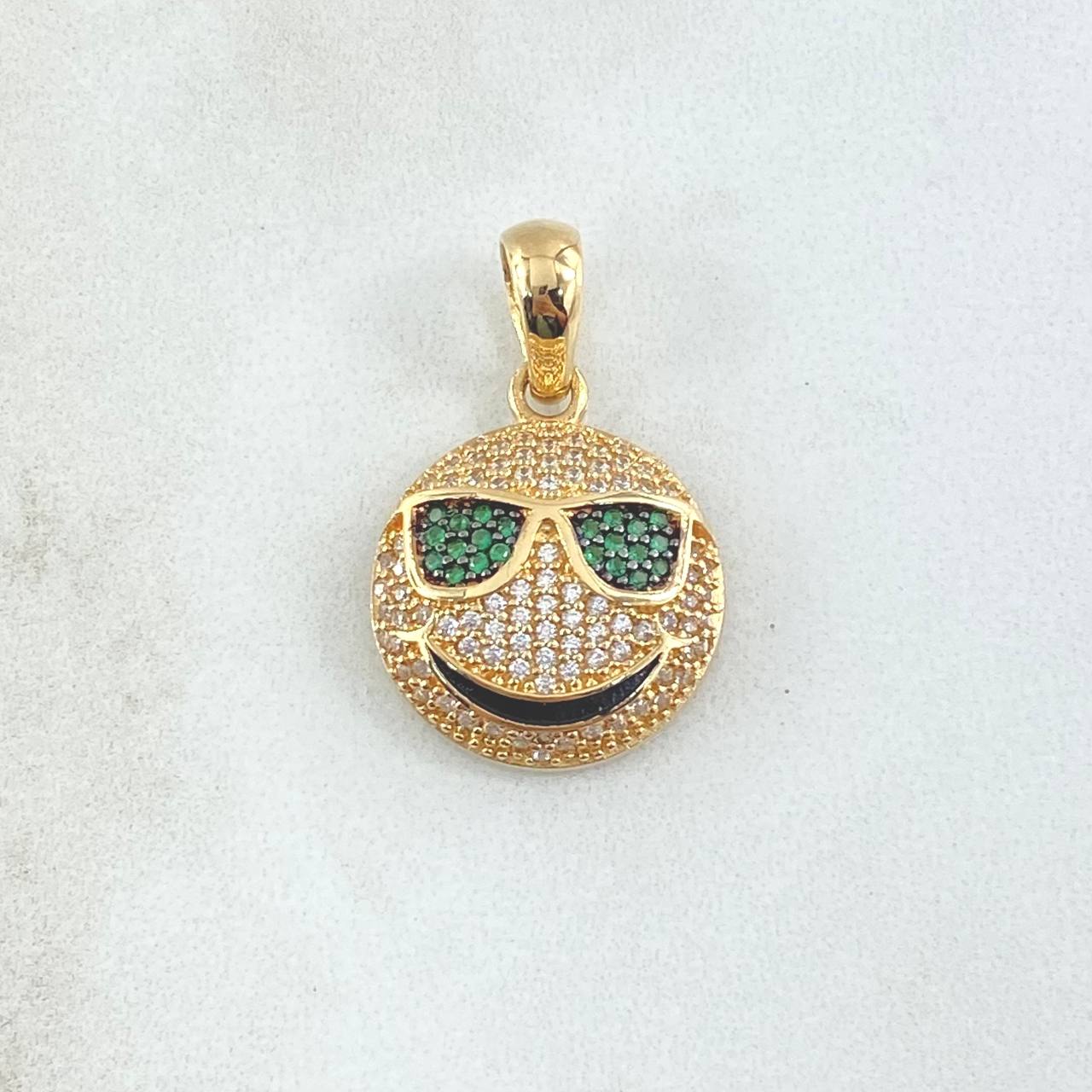Pendant Emoji With Glasses 4.05gr / 3cm / White Green Zircons 18K Yellow Gold ©