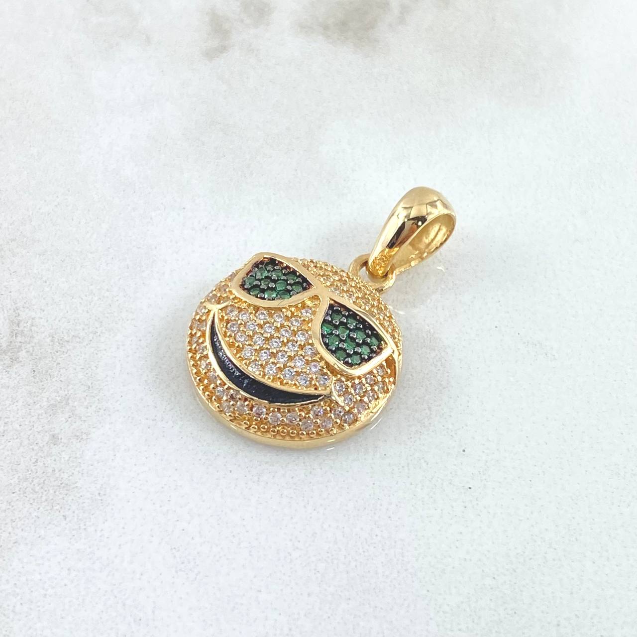 Pendant Emoji With Glasses 4.05gr / 3cm / White Green Zircons 18K Yellow Gold ©