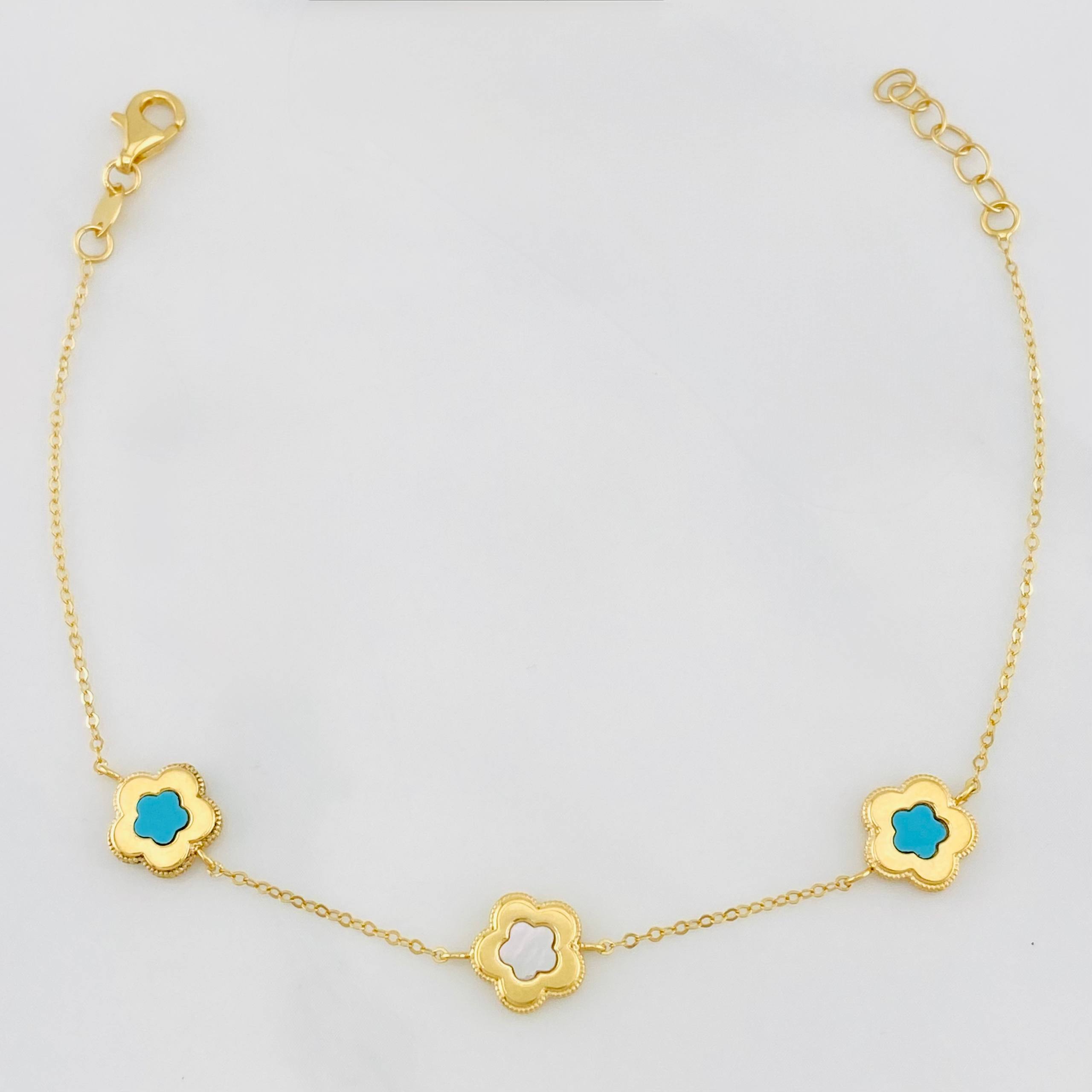 Tobillera Aro seguido trebol nacar rosa 2.2g / 7 1/2 in- 6 3/4 in / 1mm Oro Amarillo 18K