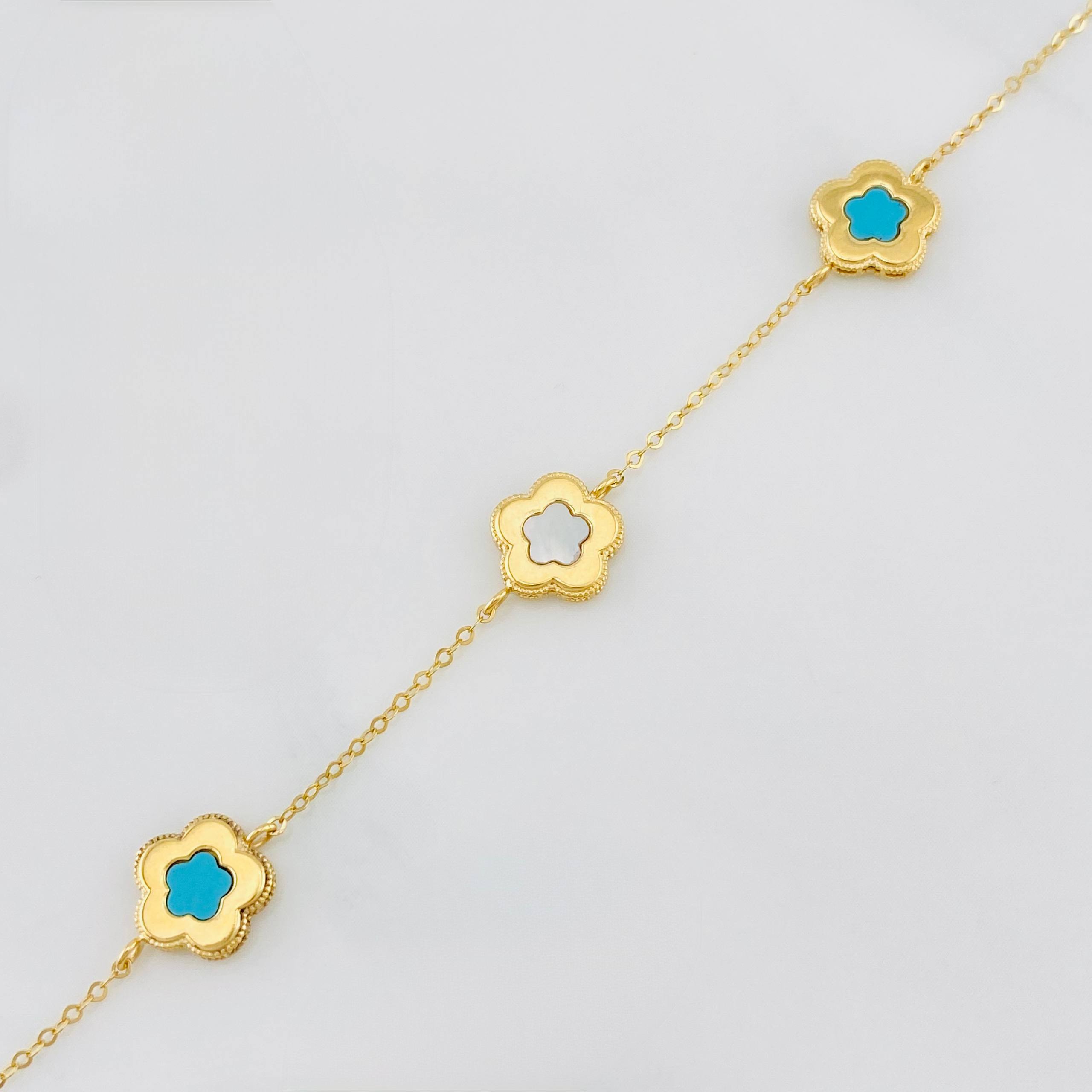 Tobillera Aro seguido trebol nacar rosa 2.2g / 7 1/2 in- 6 3/4 in / 1mm Oro Amarillo 18K