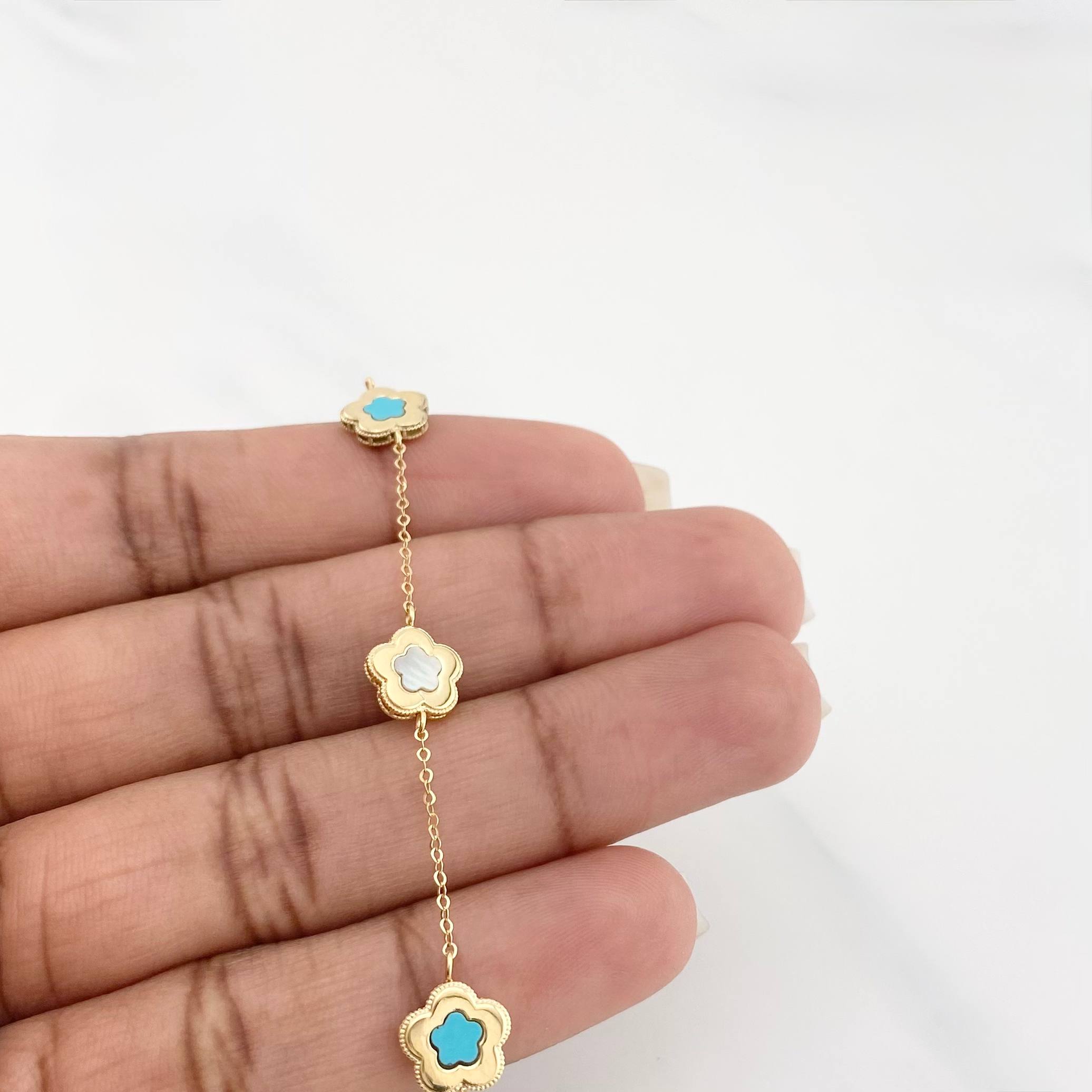 Tobillera Aro seguido trebol nacar rosa 2.2g / 7 1/2 in- 6 3/4 in / 1mm Oro Amarillo 18K