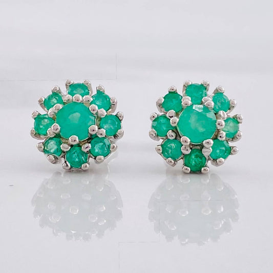 Eight-Petal Flower Stud Earrings Emeralds 87pts 2.3g / in / 9.3mm Silver 950