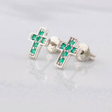 Stud Earrings Cross Dense Emeralds 19pts 0.95g / in / 6.6mm Silver 950
