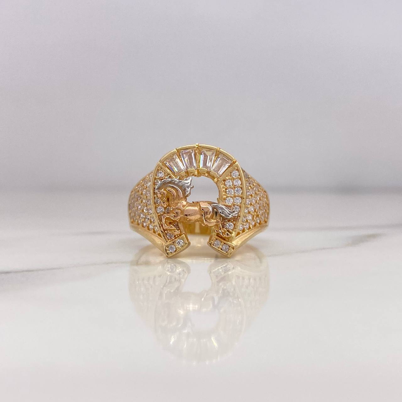 Horseshoe Horse Ring 5.5gr / Size 8 1/2 / White Zircons Three 18K Golds #