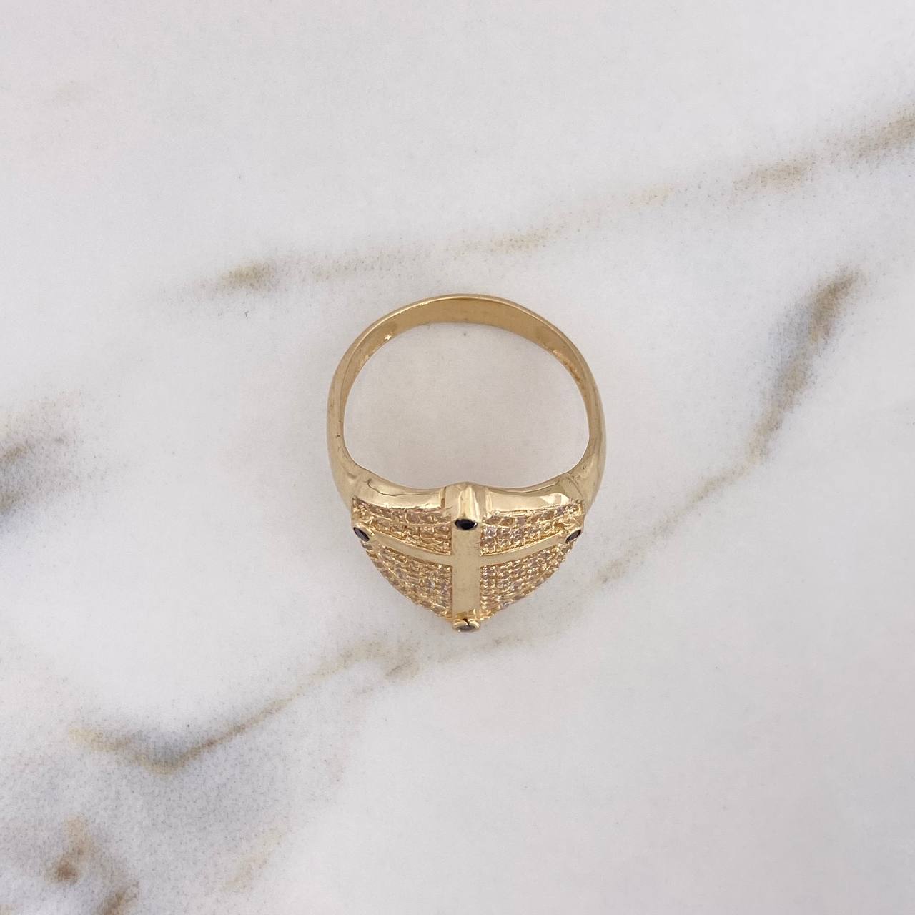 Shield Cross Ring 6.2gr / Size 9 / Black and White Zircons 18K Yellow Gold #