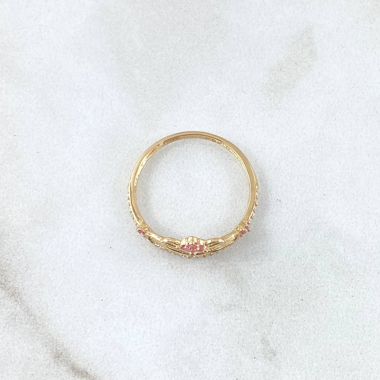 Anillo Corona Corazón Estilizado 1.4gr / T5 1/2 / Silueta Circones Blancos Rosados Oro Amarillo 18K ©