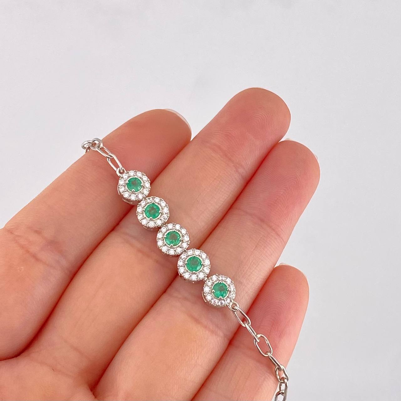 Bracelet Halo Box Emeralds 55pts 3.75g / 7 1/2 in / 6.8mm Silver 925