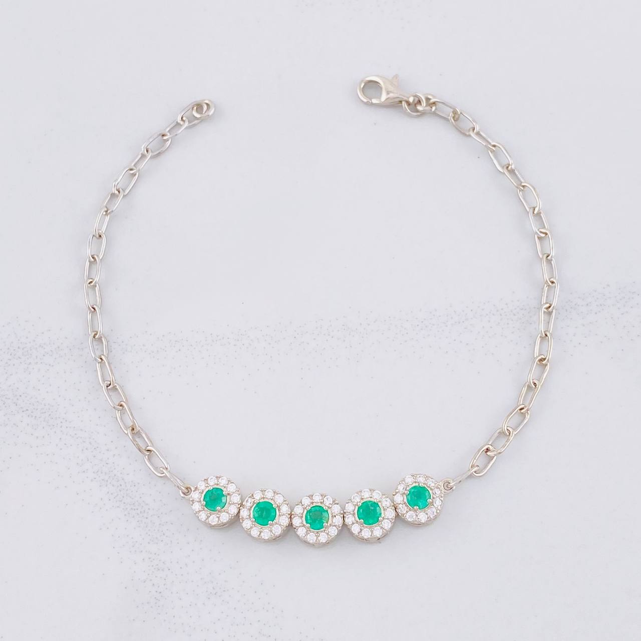 Bracelet Halo Box Emeralds 55pts 3.75g / 7 1/2 in / 6.8mm Silver 925