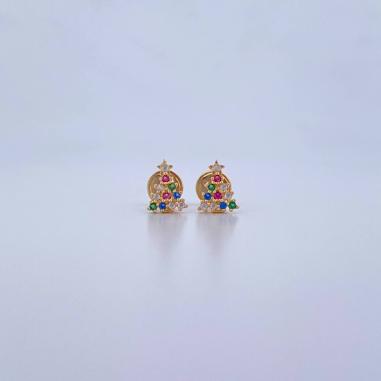 Stud Earrings Christmas Tree 0.8gr / Fuchsia Green Blue Zircons 18K Yellow Gold &