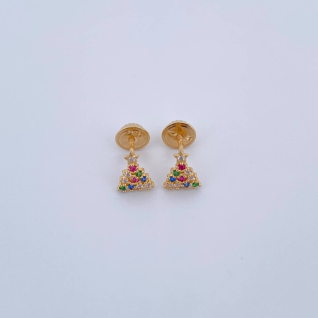 Stud Earrings Christmas Tree 0.8gr / Fuchsia Green Blue Zircons 18K Yellow Gold &