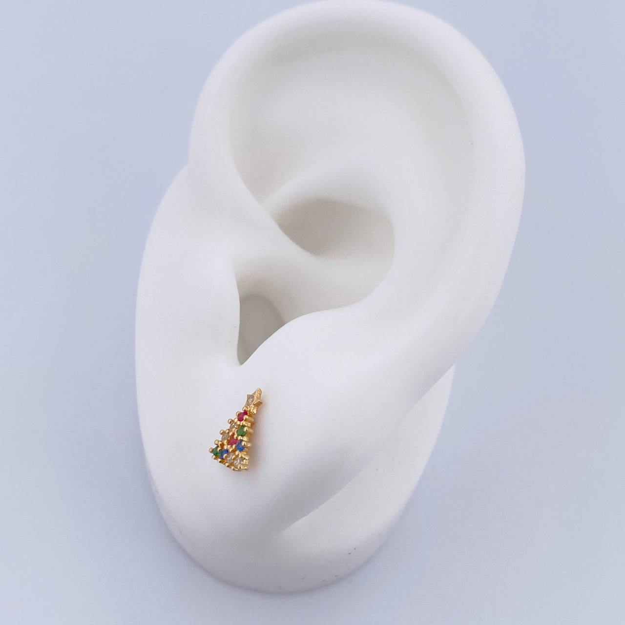 Stud Earrings Christmas Tree 0.8gr / Fuchsia Green Blue Zircons 18K Yellow Gold &