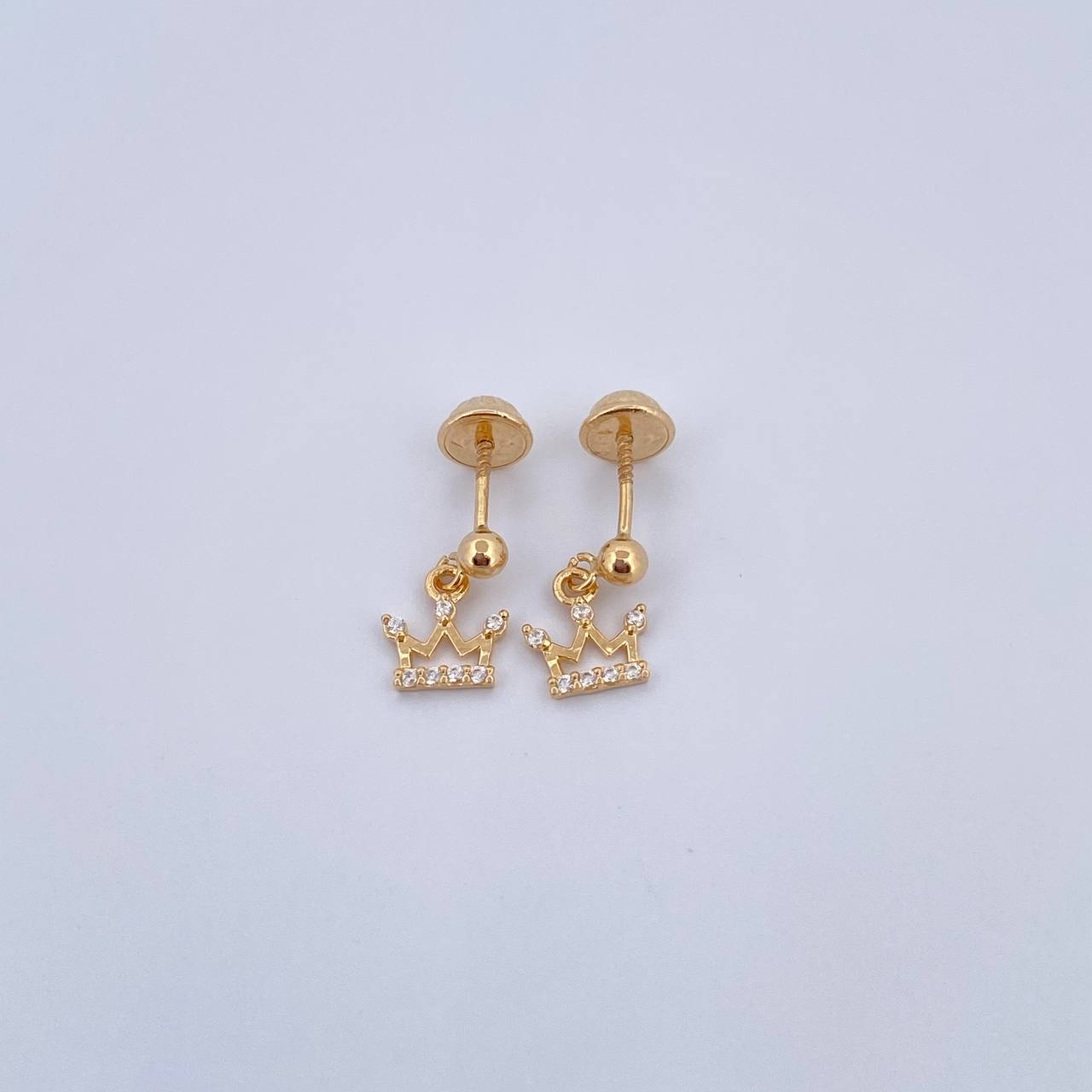 Stud Earrings Bead Polished Crown 0.8gr / 3mm / White Zircons 18K Yellow Gold &