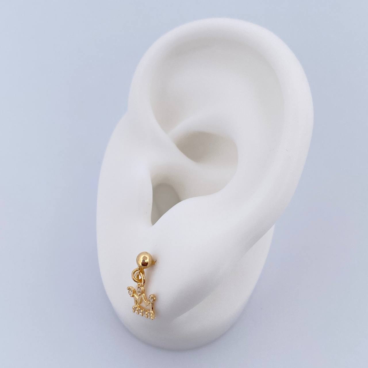 Stud Earrings Bead Polished Crown 0.8gr / 3mm / White Zircons 18K Yellow Gold &