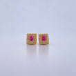 Stud Earrings Square Halo 1.9gr / Fuchsia White Zircons 18K Yellow Gold &