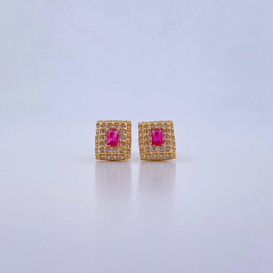 Stud Earrings Square Halo 1.9gr / Fuchsia White Zircons 18K Yellow Gold &
