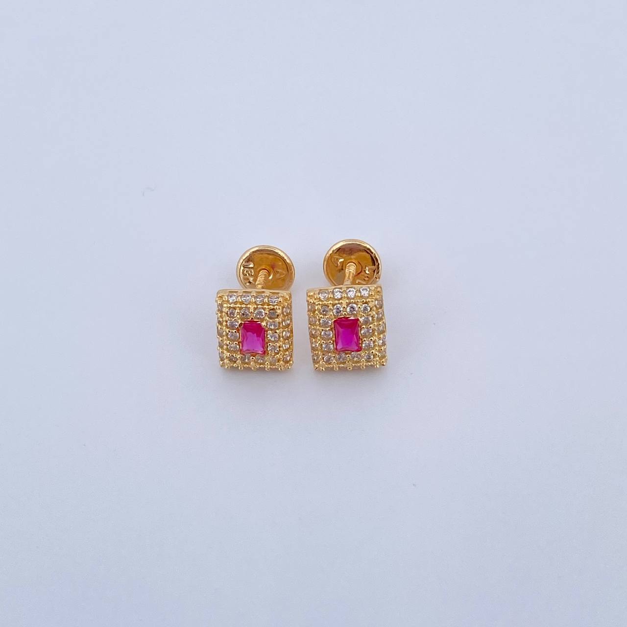 Stud Earrings Square Halo 1.9gr / Fuchsia White Zircons 18K Yellow Gold &