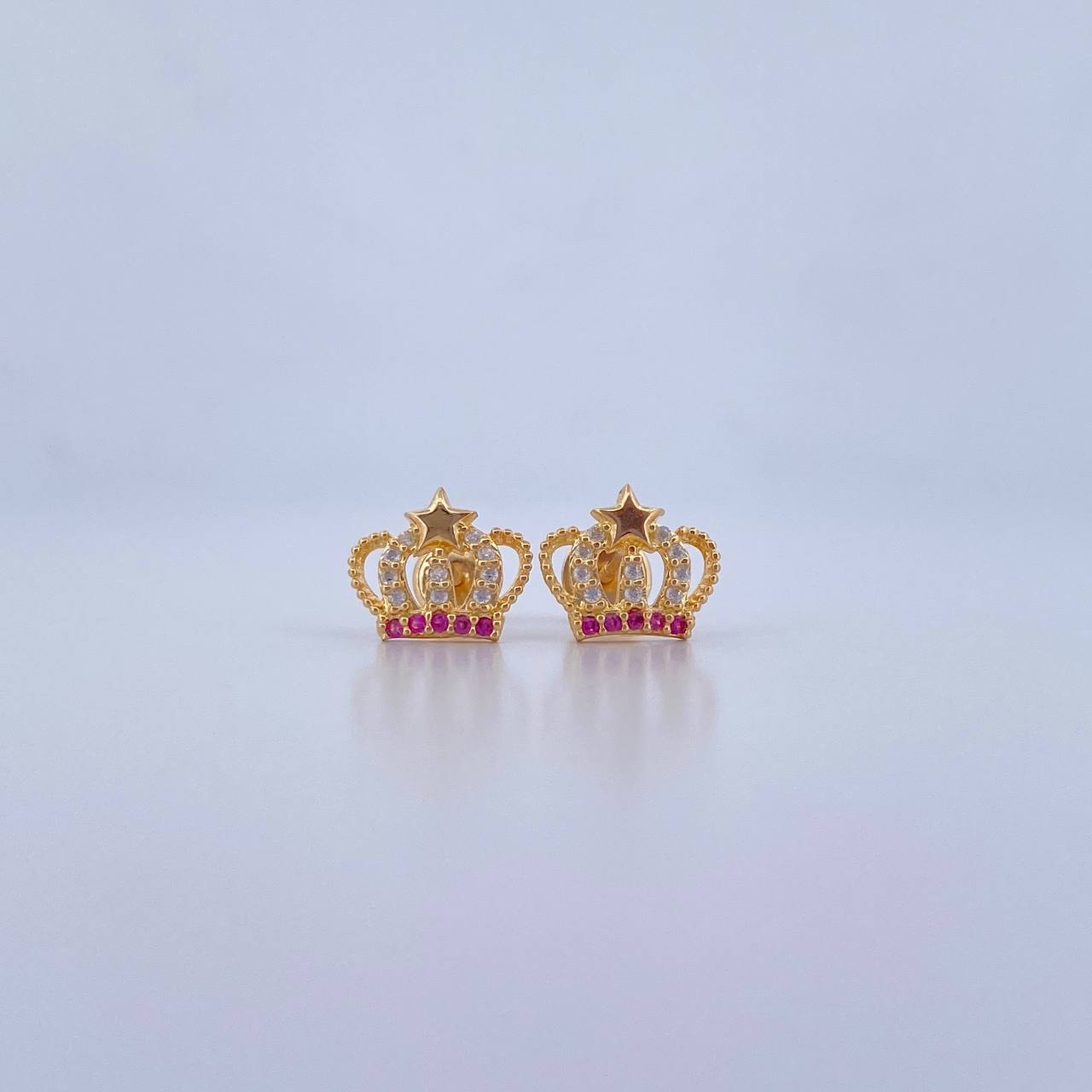 Stud Earrings Corona Real 1.55gr / Star White Fuchsia Zircons 18K Yellow Gold &