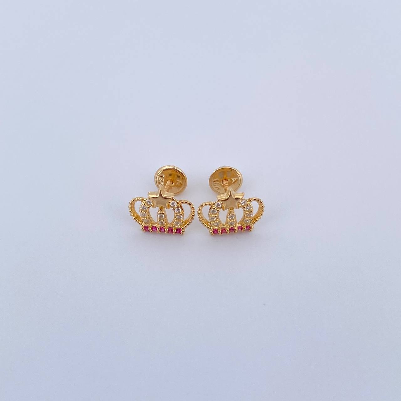 Stud Earrings Corona Real 1.55gr / Star White Fuchsia Zircons 18K Yellow Gold &