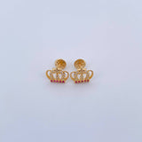 Stud Earrings Corona Real 1.55gr / Star White Fuchsia Zircons 18K Yellow Gold &