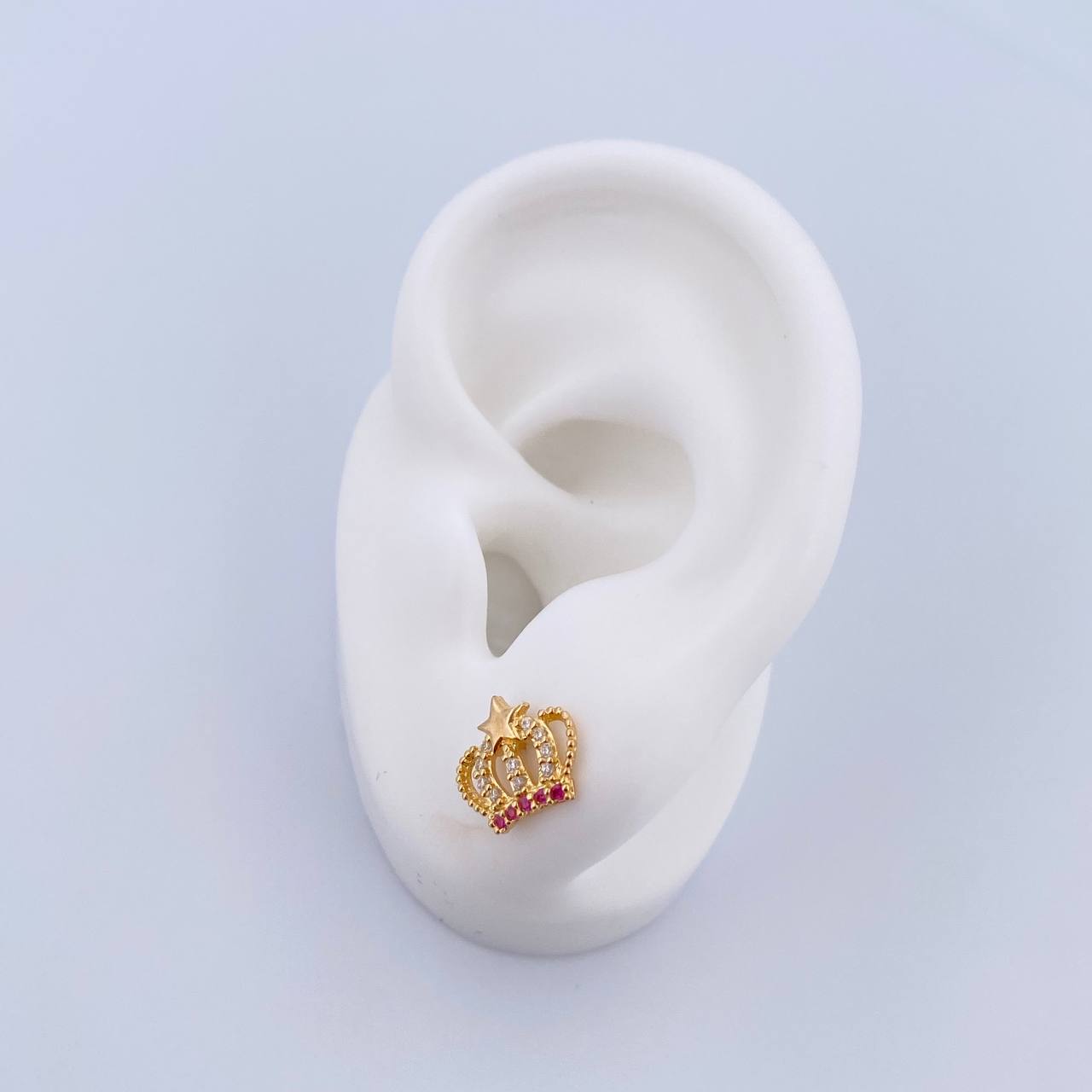 Stud Earrings Corona Real 1.55gr / Star White Fuchsia Zircons 18K Yellow Gold &