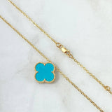 Cadena Aro Seguido Trebol VCyA 4.2gr / 50cm / 1.5mm Punteado Cuarzo Azul Celeste Mate Oro Amarillo  18K