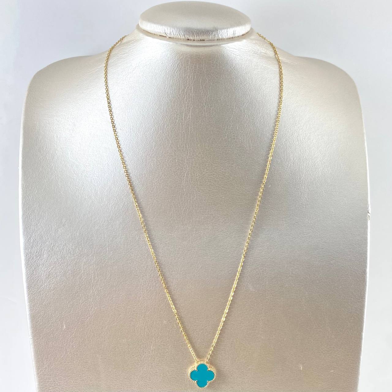 Cadena Aro Seguido Trebol VCyA 4gr / 50cm / 1.5mm Punteado Cuarzo Azul Celeste Mate Oro Amarillo  18K